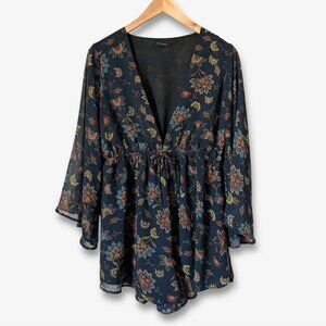 Olivaceous Dark Floral Romper Dress with Sheer Bell Sleeves Womens Medium Boho